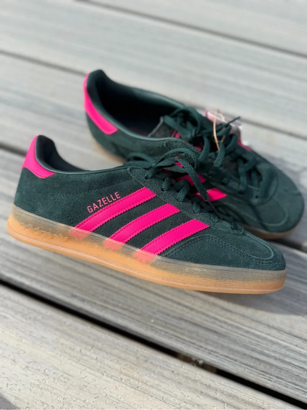 Adidas Gazelle Dark Green & Hot Pink Suede Sneakers - Picture 9 of 12
